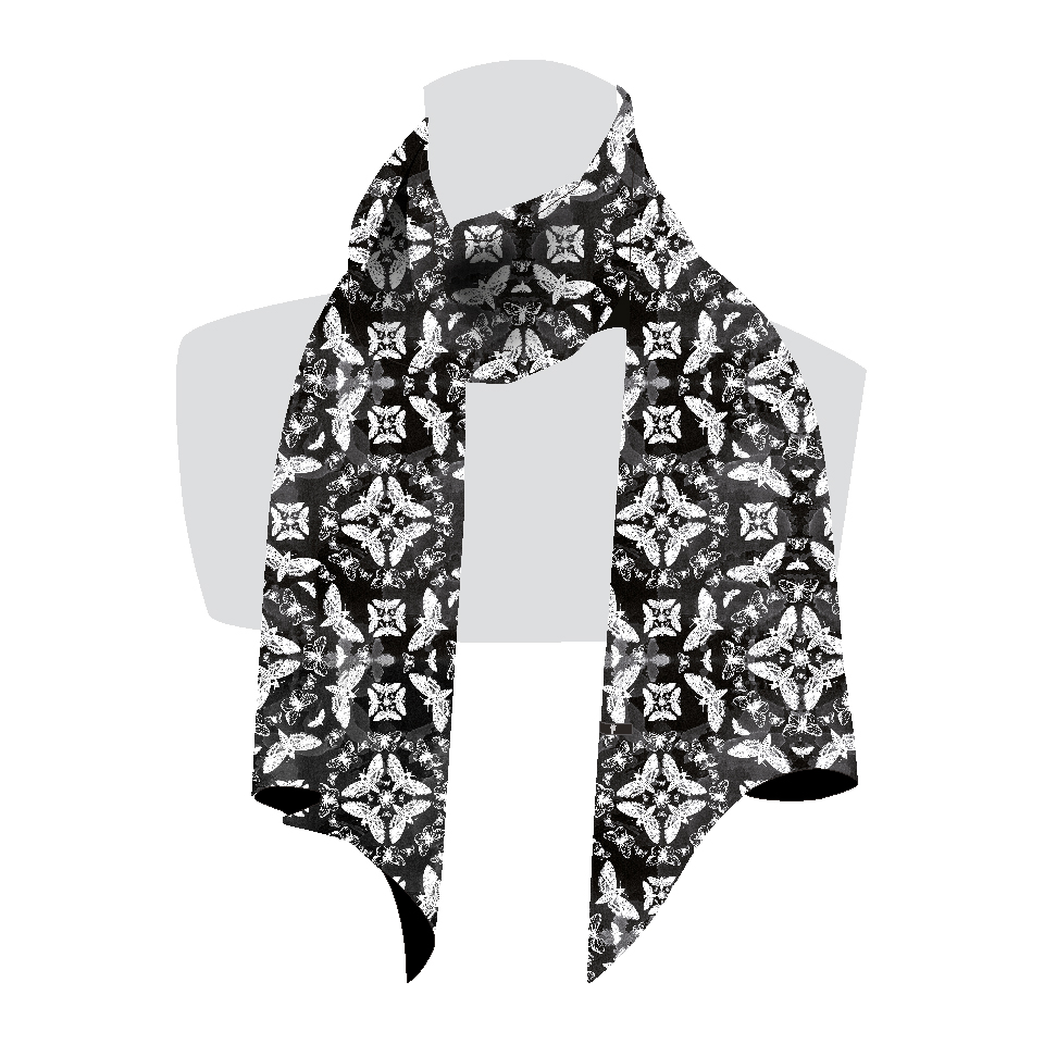 MINIATURE écharpe microfibre motif nymphe gris - noir et blanc - motif kaleidoscope, papillon