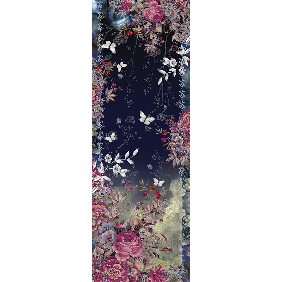 grande écharpe cachemire femme motif AUBRIETE couleur bleu et rose motif floral