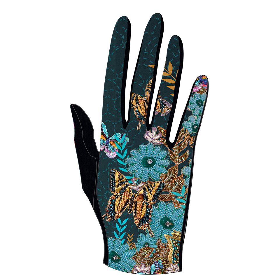 Gants paume laine Motif CLEMATIS inspiration florale bleu